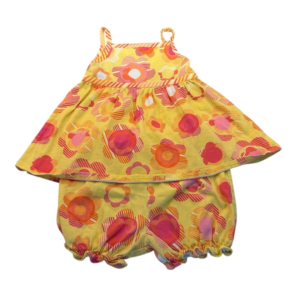 Vintage Okie Dokie Yellow Pink Floral Tank & Bloomer Shorts Set - Size 18 Months